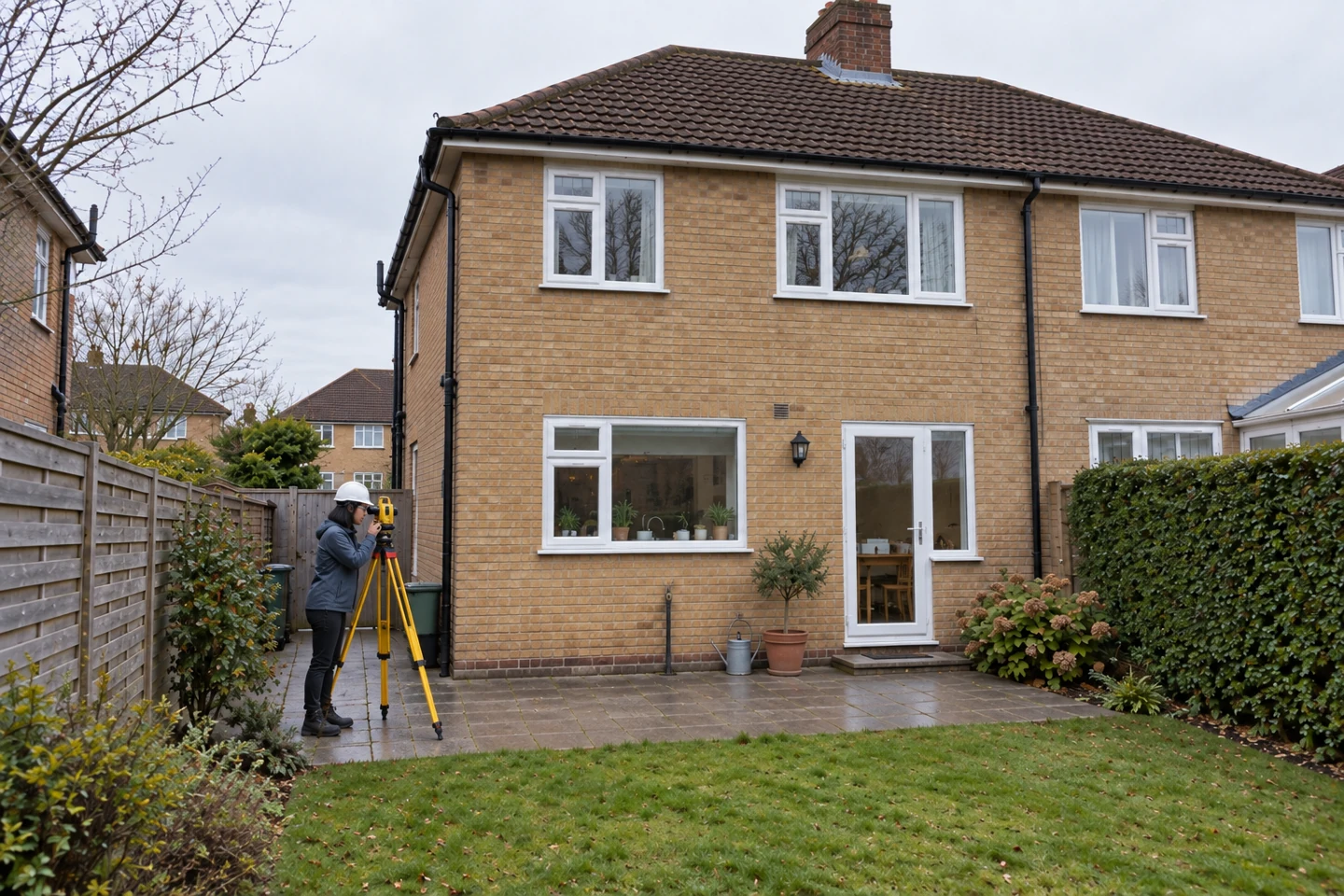 AI-generated illustration of surveyor recording the existing exterior with a tripod-mounted instrument.